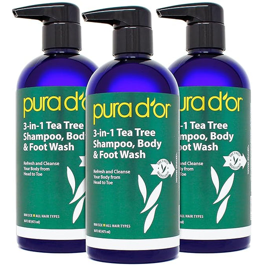 PURA D'OR 3-in-1 Tea Tree Shampoo, Body & Foot Wash, Shampoo (16oz x3 = 48oz) Total Body Care - Foot Odor & Daily Hygiene, Cleansing Routine, Post-Workout Refreshment - Soothes, Invigorates, Nourishes-VivaGrace Women