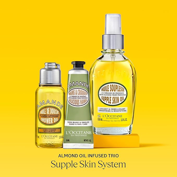 L'OCCITANE Supple Skin System: Hydrate & Soften, Almond Oil Infused Trio Featuring Almond Supple Skin Oil, Almond Shower Oil, and Almond Delicious Hand & Nail Care Lotion, Bath and Body Gift Set-VivaGrace Women