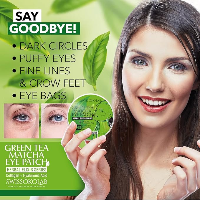SWISSÖKOLAB Under Eye Patches For Puffy Eyes 24k Gold Eye Mask Dark Circles And Puffiness Collagen Eye Gel Pads Moisturizing & Reducing Wrinkles Anti-Aging Hyaluronic Acid (Green Tea)-VivaGrace Women