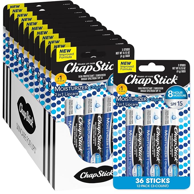 ChapStick Lip Moisturizer, Original 2-in-1 Lipcare SPF 12 3-Packs (12 Sets/36 Tubes) – Bulk Lip Balm, New Formula, 0.15 Oz Ea-VivaGrace Women