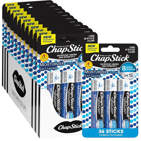 ChapStick Lip Moisturizer, Original 2-in-1 Lipcare SPF 12 3-Packs (12 Sets/36 Tubes) – Bulk Lip Balm, New Formula, 0.15 Oz Ea-VivaGrace Women