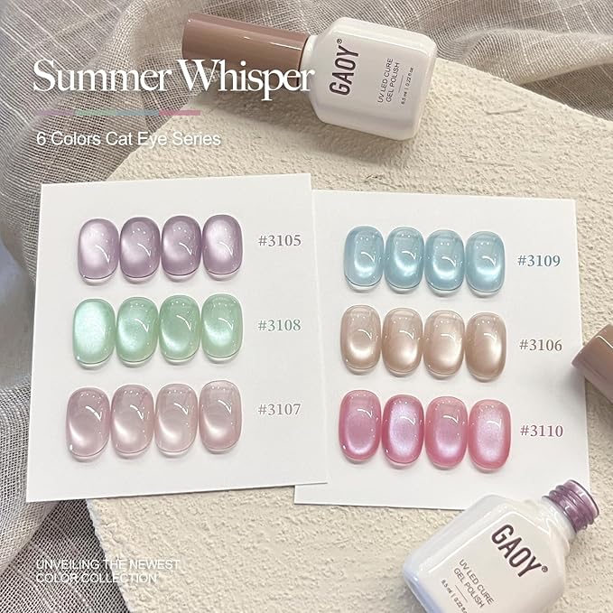 GAOY Summer Gel Nail Polish Set, 6 Icy Sheer Cat Eye Gel, Crystal Clear Holographic Nail Art for Beach Vacations & Pool Party Glam