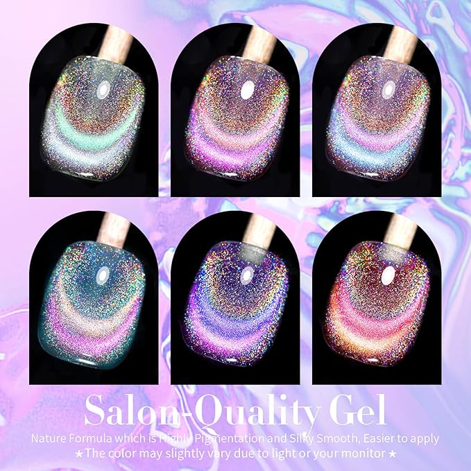 Born Pretty Magnetic Gel Nail Polish Holographic Glass Cat Magnetic Eye Gel Polish Nail Gel Soak Off Nail Art Salon Manicure Collection Gift 6pcs-VivaGrace Women