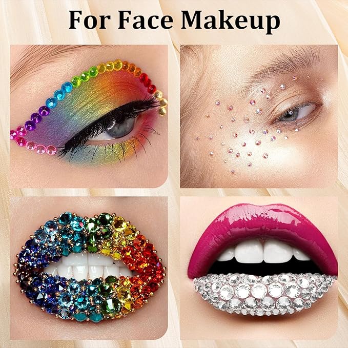 Colorful Face Gems for Makeup Set, Flatback Gorgeous Charming Mixed-Colored Crystals with Makeup Glue+Picker Pencil+Tweezer for Eye Body Hair Make-up and Nail Art Deco-VivaGrace Women