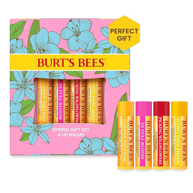 Burt's Bees Gifts Ideas - In Full Bloom Lip Balm Set, Original Beeswax, Dragonfruit Lemon, Tropical Pineapple & Strawberry, Natural Origin Lip Treatment, 4 Tubes, 0.15 oz.-VivaGrace Women