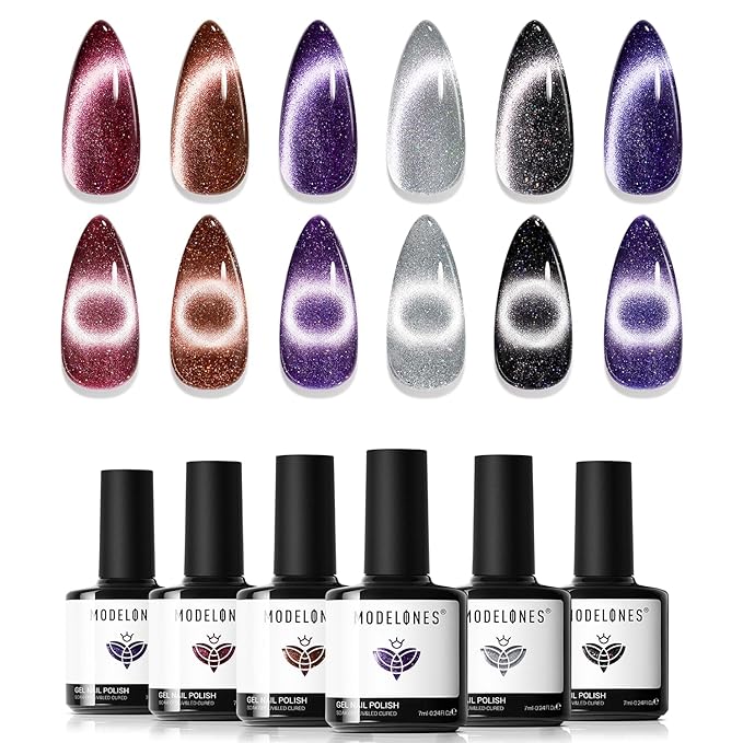 modelones Cat Eye Gel Nail Polish Set, 6 Colors 9D Glassy Cat Eye Glitter Gel Polish Black Red Purple Blue Silver Brown Nail Polish All Seasons with Magnet Soak Off Led DIY Salon Gift-VivaGrace Women