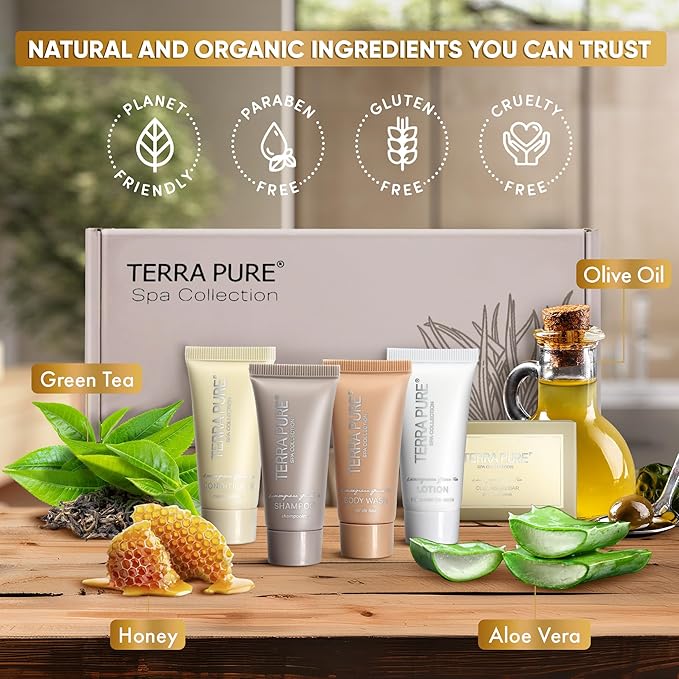 Terra Pure Spa Collection Amenity & Accessory Kit |1 oz Travel Size Shampoo, Conditioner, Lotion, Body Wash, 2 Soap Bars, Shave & Dental Sets, Make-Up Remover Wipes, & Vanity Kit | 1 set per case-VivaGrace Women