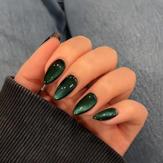 KQueenest Cat Eye Emerald Green Press on Nails Almond Shape, 30 Pcs Glitter Fake Nails Medium, Thick Sparkly Black Nails Press on, Shiny Acrylic Nails, Cute Bling Stick on Nails for Women