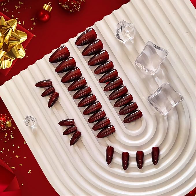 KQueenest Dark Red Press on Nails Cat Eye, Burgundy Glitter Press on Nails Almond Medium, Sparkly Shiny Fake Nails Set, Cute Bling Glue on Nails Medium Length for Women Holiday, Gothic Design, 30 Pcs