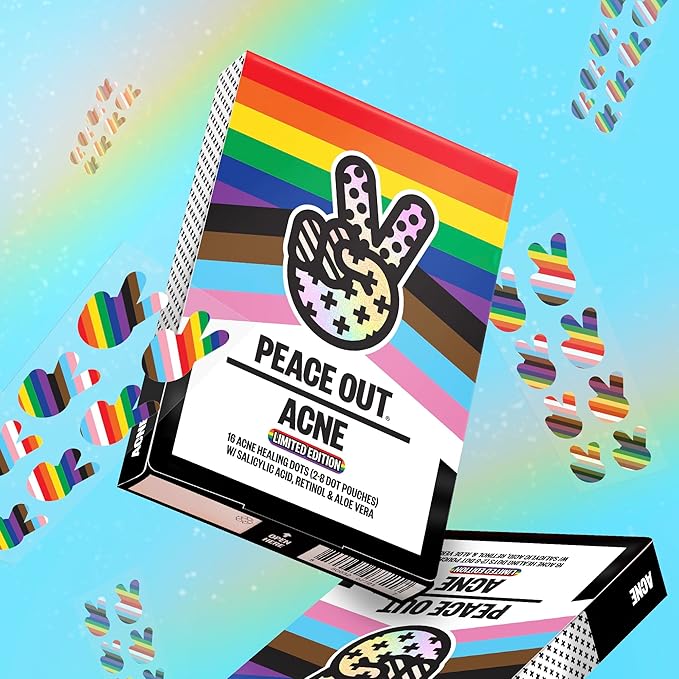 PEACE OUT Acne Healing Pride Dots Helps Clear Blemishes Overnight, Fast Acting Hydrocolloid Pimple Patches for Breakouts with Salicylic Acid, Retinol and Aloe Vera, Award Winning Skincare 16 Count-VivaGrace Women
