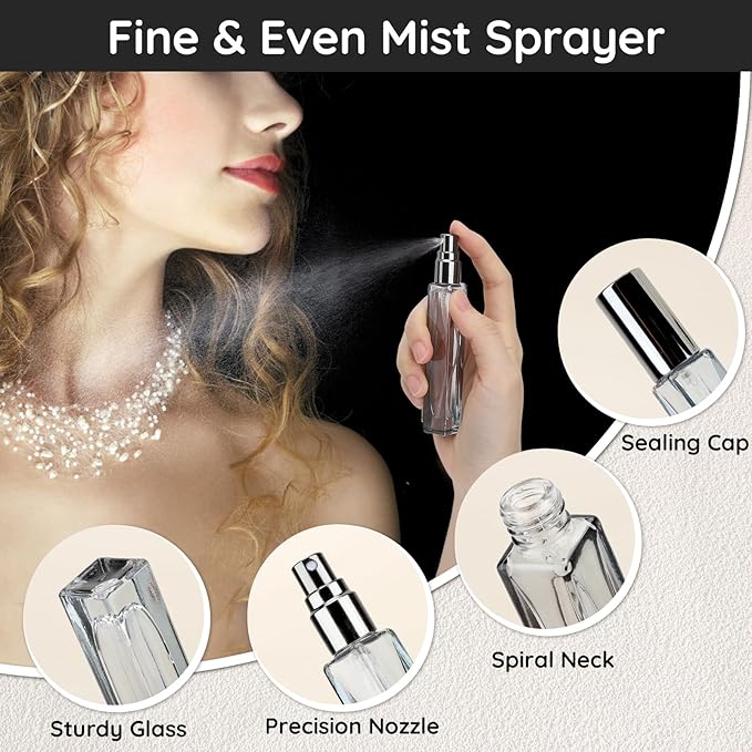 Segbeauty Glass Perfume Bottle Set, 5 Pack of 10ML Portable Perfume Travel Refillable, Empty Atomizer Sprayer for Perfume Cologne Dispenser, Travel Sample Bottles Perfume Making Kit with Refill Tool-VivaGrace Women