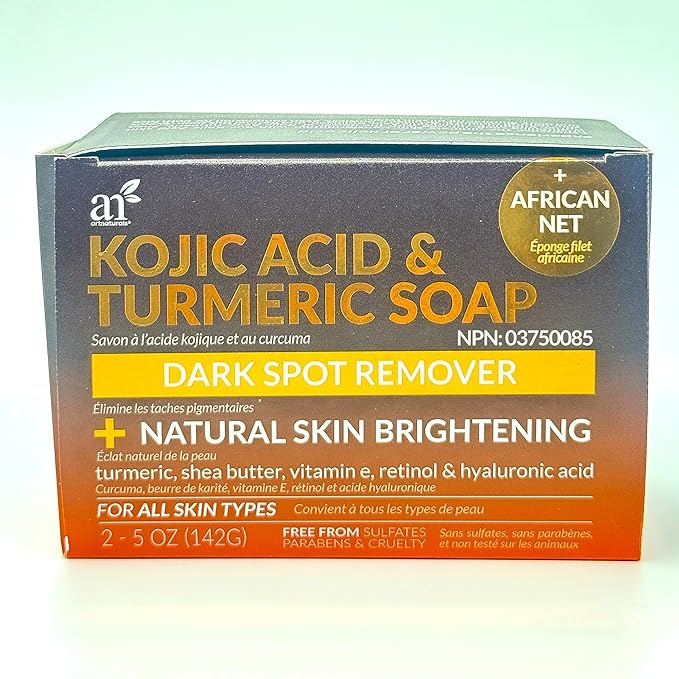 Kojic Acid Soap + African Net Sponge (2 pack X 142g Turmeric bars) Dark spot remover & Scars - Original Japanese Complex Vitamin C, Hyaluronic Acid, retinol, shea butter (Citrus)-VivaGrace Women