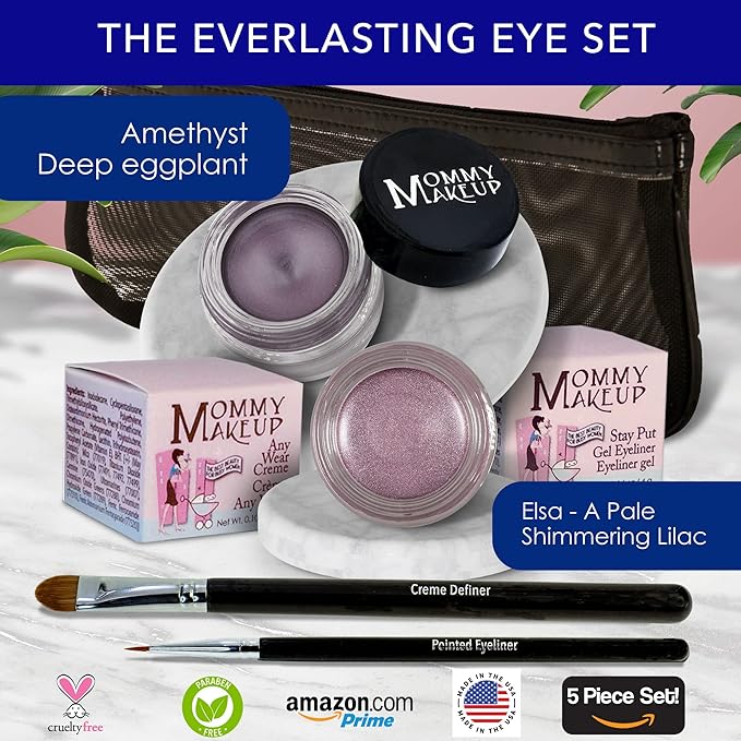 The Everlasting Eye 5 Piece Waterproof Makeup Set. Gel Eyeliner, Creme Eyeshadow, 2 brushes and Mesh Bag. Paraben-free, Talc-free, Cruelty-free. Elsa/Amethyst 1106-VivaGrace Women