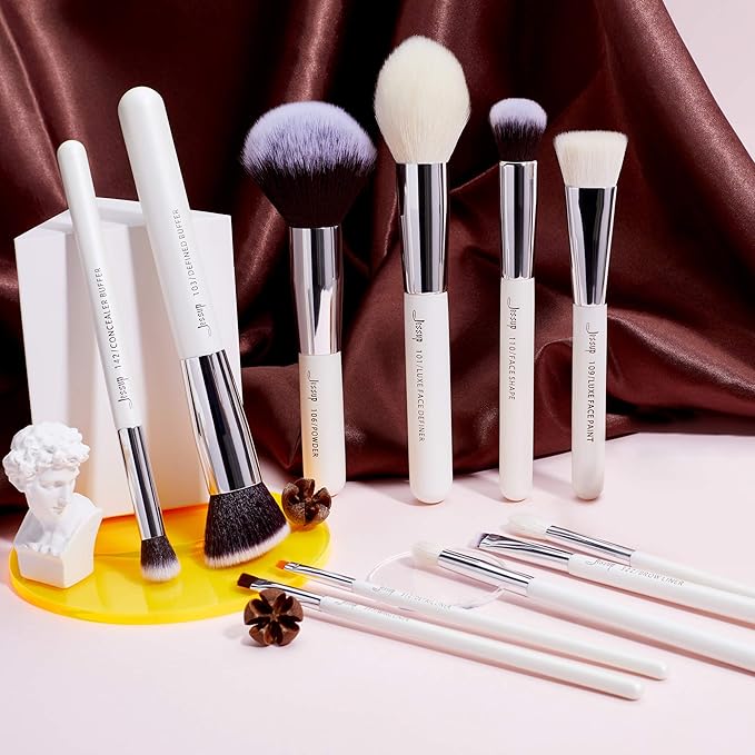 Jessup Brand 25pcs Professional Makeup Brush Set Beauty Cosmetic Foundation Powder Blusher Eyeshadow Blending Highlight Concealer Natural-Synthetic Hair Brushes Set (Pearl White/Silver)-VivaGrace Women
