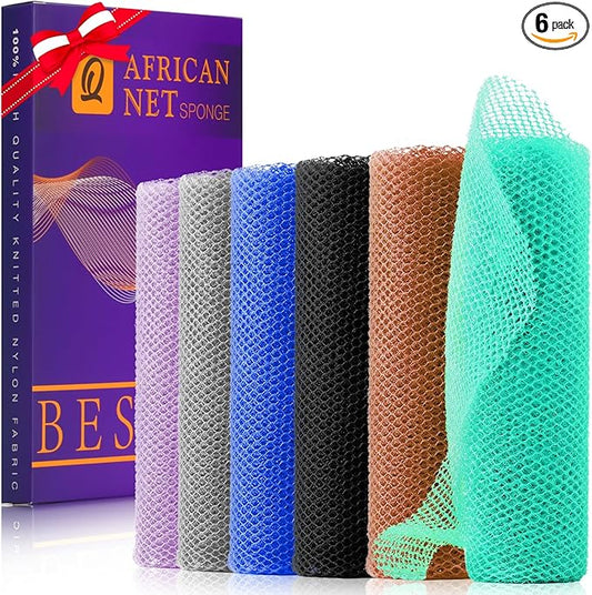 UJFQBH 6 Pieces African Bath Sponge African Net Long Net Bath Sponge Exfoliating Shower Body Scrubber Back Scrubber Skin Smoother,Great for Daily Use (Purple, Gray, Blue, Black, Brown, Green)-VivaGrace Women
