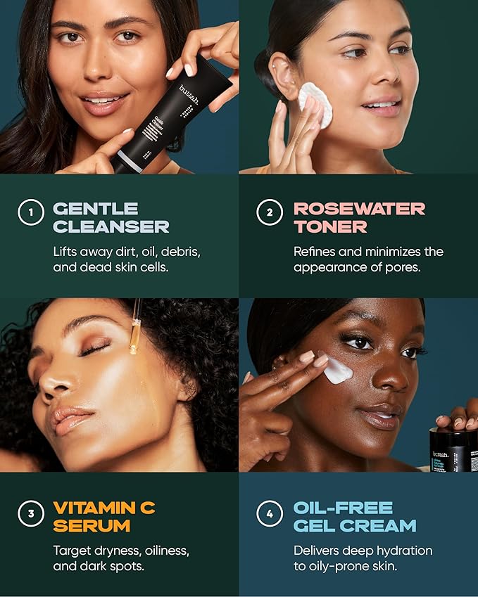 Buttah Skin Supreme Kit for Melanin Rich Skin | Oil-Free Hyaluronic Gel Cream 2 oz | Vitamin C Serum 1 oz | Cleanser 3.4 oz | Rosewater Toner 3.4 oz | Black Owned Skincare-VivaGrace Women