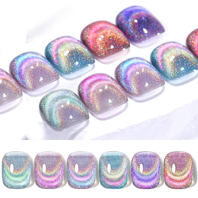 Born Pretty Magnetic Gel Nail Polish Holographic Glass Cat Magnetic Eye Gel Polish Nail Gel Soak Off Nail Art Salon Manicure Collection Gift 6pcs-VivaGrace Women