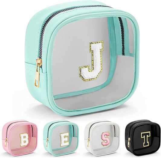 YOOLIFE Initial Make Up Bag Travel Toiletry Bag, Clear Makeup Bag Preppy Cosmetic Bags Small Makeup Bag Travel Essentials Gifts for Women Teen Girlfriend Teacher Mom Birthday Gifts Makeup Pouch Blue J-VivaGrace Women