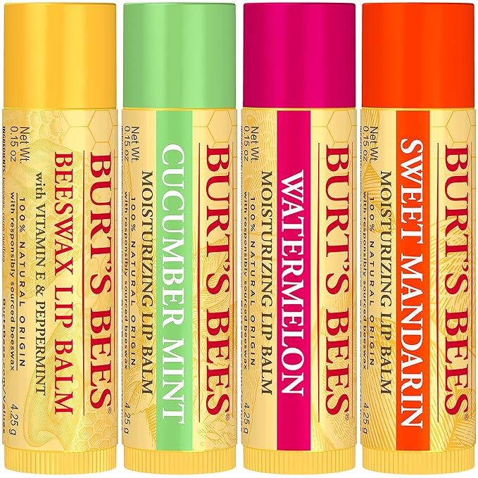 Burt's Bees Lip Balm - Original Beeswax, Cucumber Mint, Watermelon & Sweet Mandarin, With Responsibly Sourced Beeswax, Tint-Free, Natural Origin Treatment, 4 Tubes, 0.15 oz.-VivaGrace Women