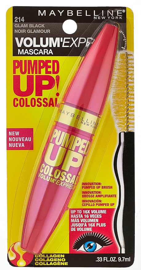 Maybelline Volum' Express Pumped Up Colossal Mascara, Washable Formula Infused with Collagen for Up To 16x Lash Volume, Glam Black, 1 Count