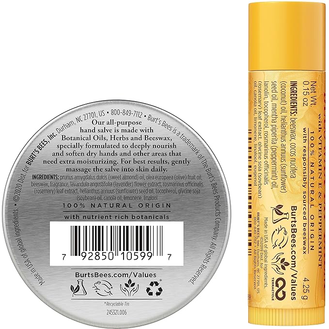 Burt's Bees Hand Salve and Moisturizing Lip Balm for Dry Skin and Chapped Lips, Classic, Natural Origin Skincare, 3 oz./0.15 oz.-VivaGrace Women