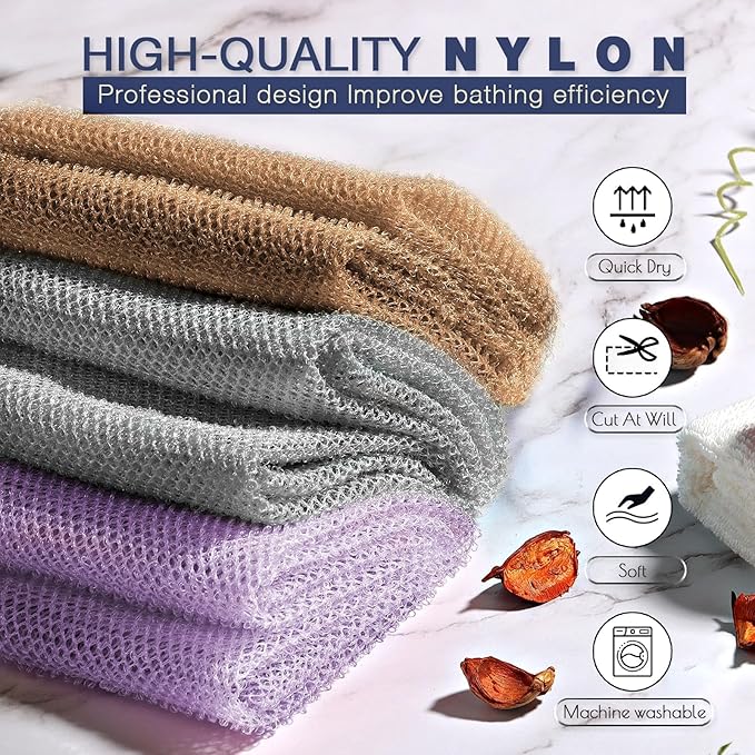 UJFQBH 3 Pieces African exfoliating net African Net Long Net Bath Sponge Exfoliating Shower Body Scrubber Back Scrubber Skin Smoother,Great for Daily Use (Purple、Gray、Brown)-VivaGrace Women