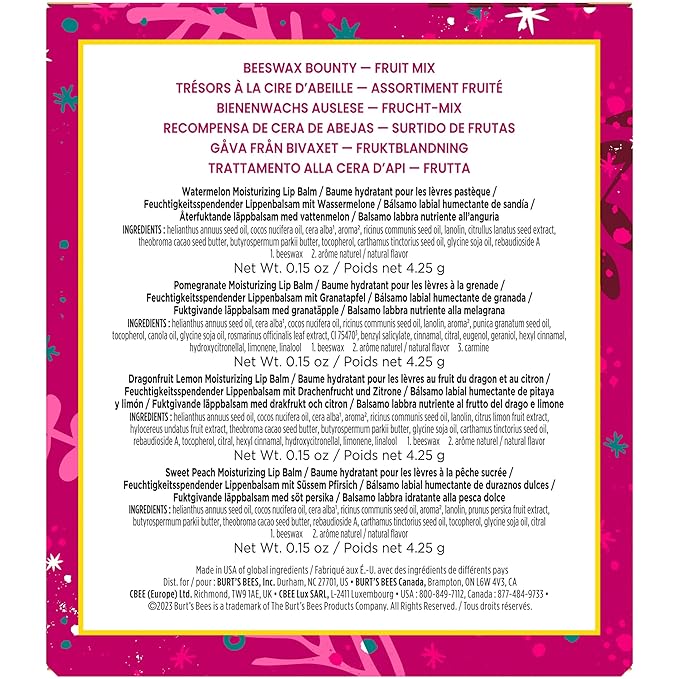 Burt's Bees Lip Balm Gift Set, Beeswax Bounty Fruit Mix, Perfect Lip Balms for Holiday Gift Baskets, 4-Pack, 0.15 oz.-VivaGrace Women