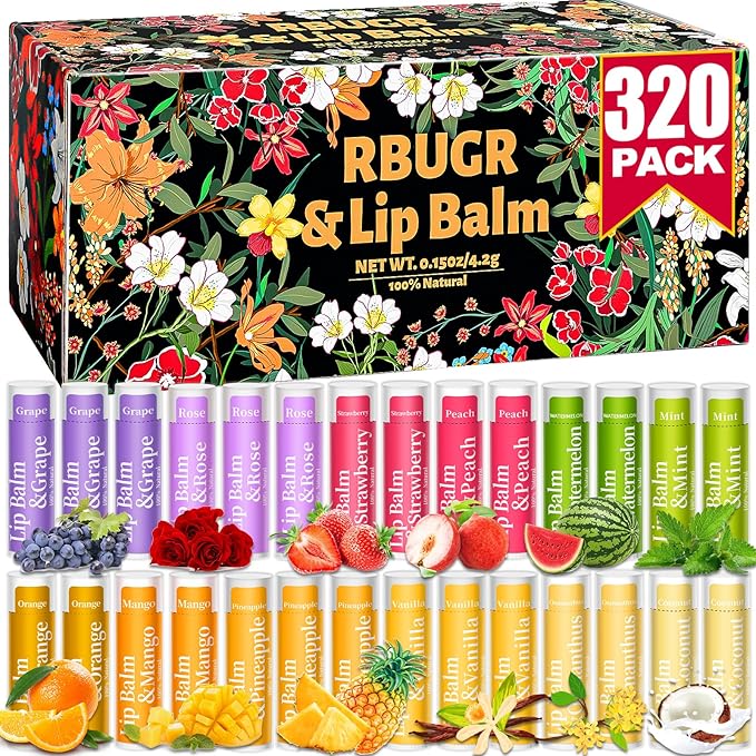 320 Pcs Lip Balm Bulk, 12 Flavored Pack of Lip Balms Natural Lip Balm Pack, Moisturising Organic Lip Balm Set for Cracked Lips, Bulk Gifts Stocking Stuffers Party Favors(4.2g/0.15oz)-VivaGrace Women