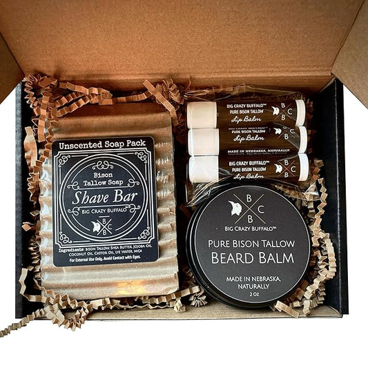 Pure Bison Tallow Beard Gift Set - Shave Bar, Beard Balm, Unscented Lip Balm - Conditions, Strengthens, Moisturizes, Soothes, Softens, Naturally Derived, No Dyes, Naturally Derived-VivaGrace Women