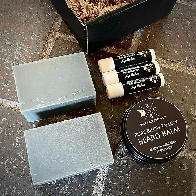 Pure Bison Tallow Beard Gift Set - Shave Bar, Beard Balm, Unscented Lip Balm - Conditions, Strengthens, Moisturizes, Soothes, Softens, Naturally Derived, No Dyes, Naturally Derived-VivaGrace Women