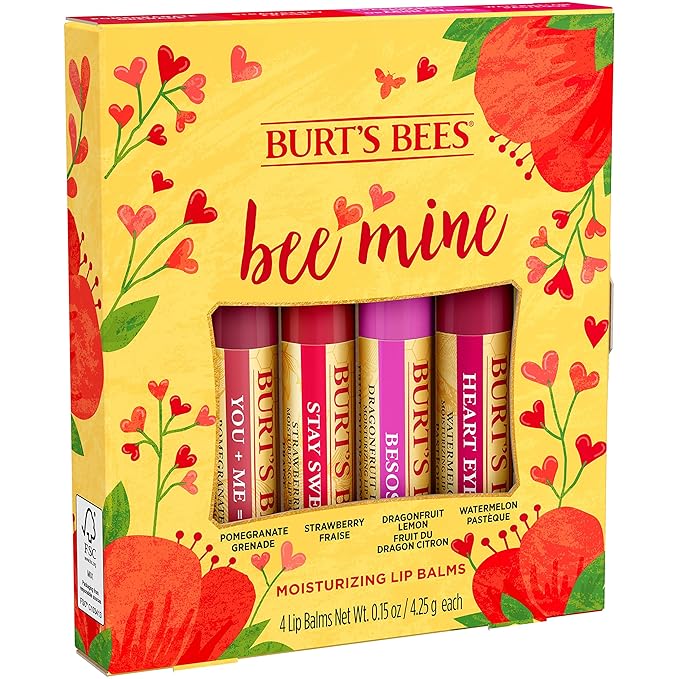 Burt's Bees Bee Mine Lip Balm Gift Set, Strawberry, Dragonfruit Lemon, Pomegranate and Watermelon, 4 Personalized Lip Balms, Pack May Vary-VivaGrace Women