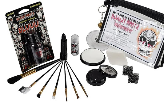Scary Skeleton Makeup Kit By Bloody Mary - Professional Special Effects Face Makeup Supplies - FX Foundation, Black Blood Lipstick, Eye Shadow, Crayons, Brushes, Blood, Sponge & Case.-VivaGrace Women