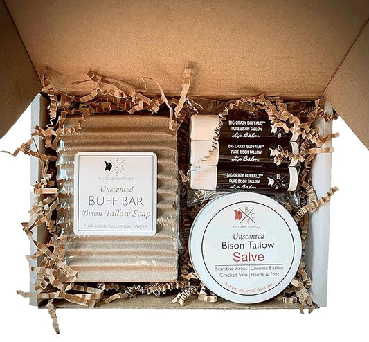Pure Bison Tallow Unscented Gift Set - Buff Bar, Salve, & 3 Unscented Lip Balms - Cleans, Moisturizes, Soothes, Naturally Derived - No Dyes, Chemicals, Fragrances, or Preservatives-VivaGrace Women