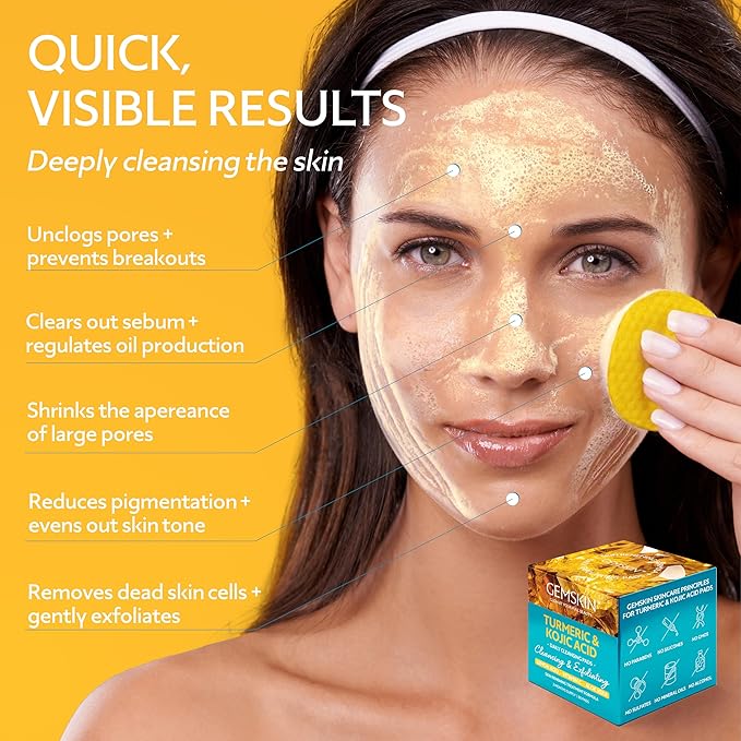 Turmeric Kojic Acid Cleansing Pads - Brightening Dark Spot Remover, Deep Cleaning Pores & Exfoliating Vitamin C & Aloe Vera - Foaming Turmeric Face Scrub Pads For Skin Lightening - 60 Count