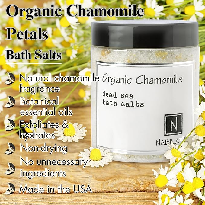 Organic Chamomile Bath Salts by Nabila K - Dead Sea Salt & Epsom Salt Scrub & Soak - Exfoliates & Hydrates Skin, Botanical Essential Oils - Bubble Bath Accessories for All Skins Types, 2 oz-VivaGrace Women