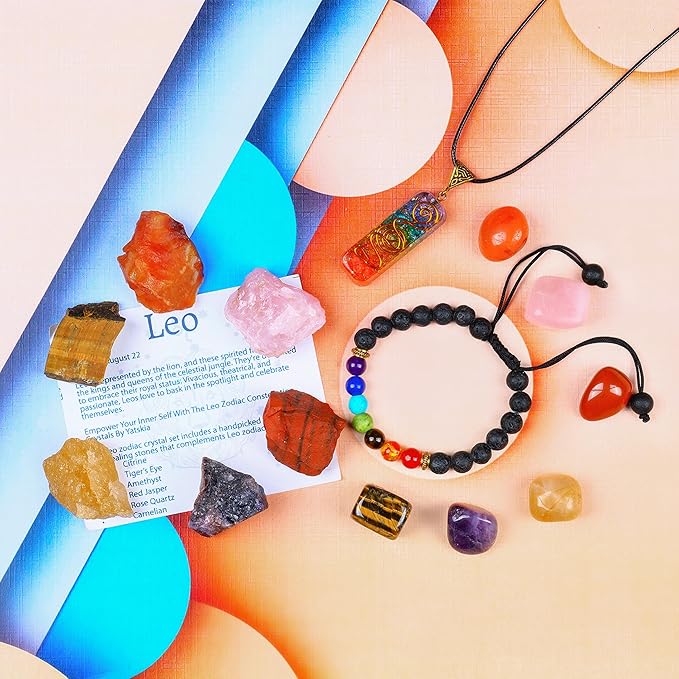 NARIBABU Leo Crystal Gift - Zodiac Crystals - Healing Crystal Pendant & Bracelet - Leo Horoscope Gifts - Zodiac Crystals for Beginners - Good Luck Birthstones Crystal Kit-VivaGrace Women