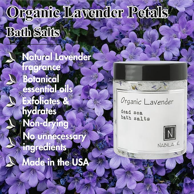 Organic Lavender Bath Salts by Nabila K - Dead Sea Salt & Epsom Salt Scrub & Soak - Exfoliates & Hydrates Skin, Botanical Essential Oils - Bubble Bath Accessories for All Skins Types, 2 oz-VivaGrace Women