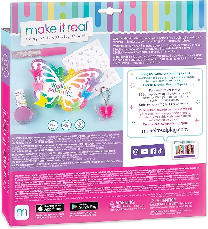 Make It Real: Butterfly Dreams Cosmetic Set - 11 Pieces, Tweens & Girls, Includes 6 Butterfly Hair Clips, Polish, Nail Stickers, 2 Lip Gloss & Instructions, Butterflies, Makeup & Beauty, Kids Ages 8+-VivaGrace Women