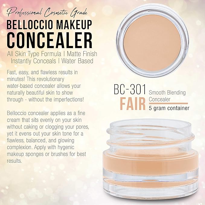 Belloccio High Definition Fair Shade Makeup Concealer 5 gram Jar - Conceal Imperfections, Hide Blemishes, Dark Under Eye Circles, Cosmetic Cream - Use Under Airbrush Foundation-VivaGrace Women