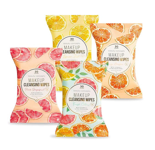 Beauty Concepts Facial Wipe Set - Packs of Face Wipes, Makeup Removing Wipes, Fresh Citrus, Pink Grapefruit, Lemon Zest, Orange