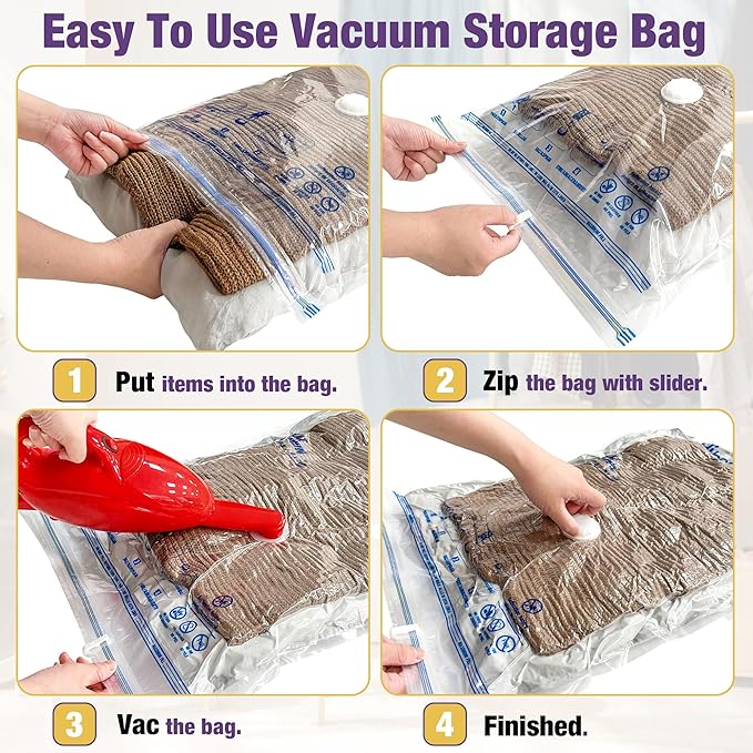HIBAG Vacuum Storage Bags, 10-Pack Vacuum Seal Bags for Clothing Clothes, Space Saver Bags (2 Jumbo, 2 Large, 2 Medium, 2 Small, 2 Roll-up) with Pump (10-Combo)-VivaGrace Women