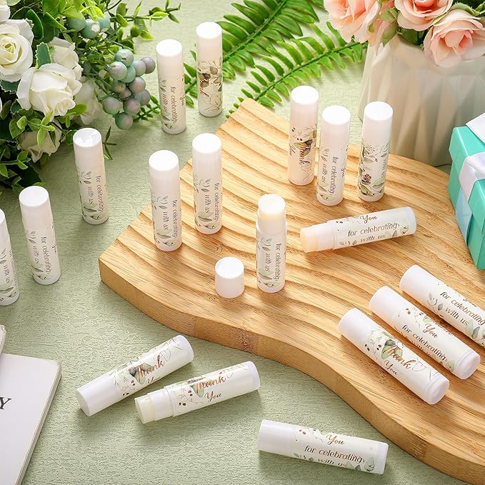 Dunzy 50 Pcs Thank You Gift Lip Balm Bulk Baby Shower Party Favors Bridal Shower Favor Lip Care with Assorted Fruit Flavors Thank You Lipstick for Guest Basket Gift Stuffer (Eucalyptus)-VivaGrace Women
