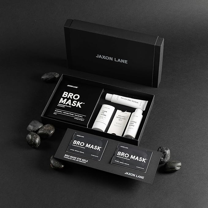 Skin Care Set: Deluxe Skincare Routine Gift Set 5pc, Mens Facial Care kit with Jaxon Lane Sunscreen, Bro Mask Sheet Mask & Eye Gels, Powder Face Wash and Moisturizer Set, Anti Aging Face Care for Men-VivaGrace Women