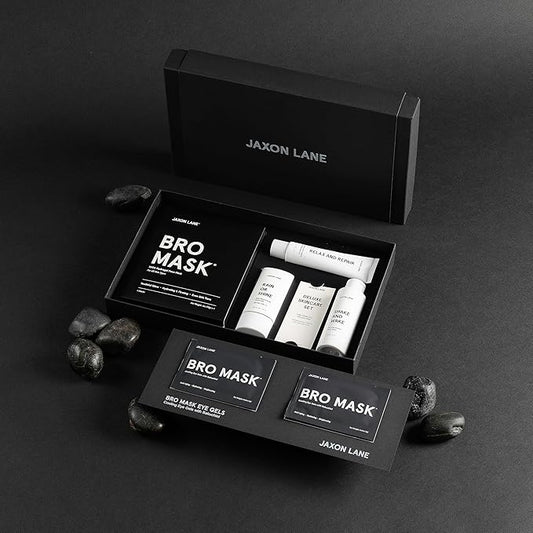 Skin Care Set: Deluxe Skincare Routine Gift Set 5pc, Mens Facial Care kit with Jaxon Lane Sunscreen, Bro Mask Sheet Mask & Eye Gels, Powder Face Wash and Moisturizer Set, Anti Aging Face Care for Men-VivaGrace Women