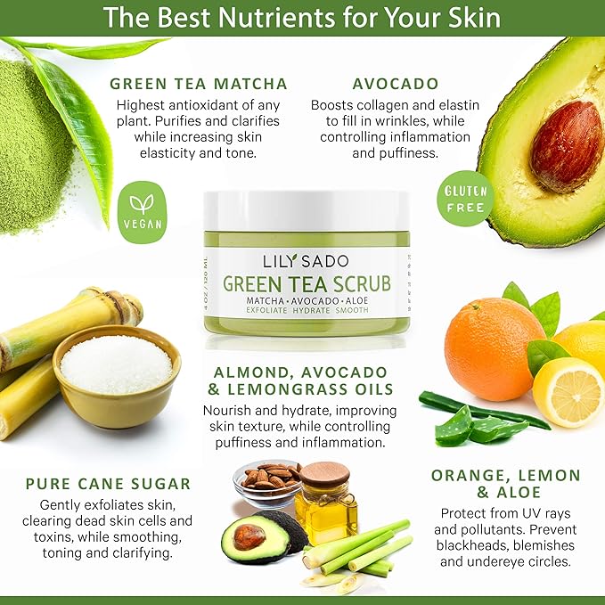 LILY SADO MATCHA MADE IN HEAVEN™ Sugar Facial Scrub - Best Daily Facial Exfoliating Cleanser for Women & Men - Vegan Face Wash Exfoliates Skin, Treats Acne, Reduces Pore Size - 4 oz-VivaGrace Women