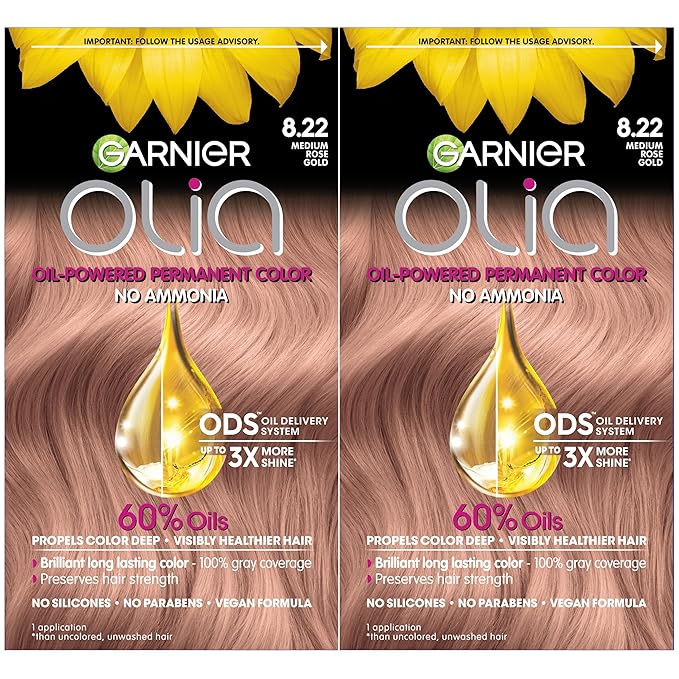 Garnier Hair Color Olia Ammonia-Free Brilliant Color Oil-Rich Permanent Hair Dye, 8.22 Medium Rose Gold, 2 Count (Packaging May Vary)-VivaGrace Women