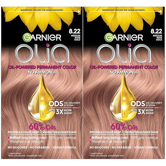 Garnier Hair Color Olia Ammonia-Free Brilliant Color Oil-Rich Permanent Hair Dye, 8.22 Medium Rose Gold, 2 Count (Packaging May Vary)-VivaGrace Women