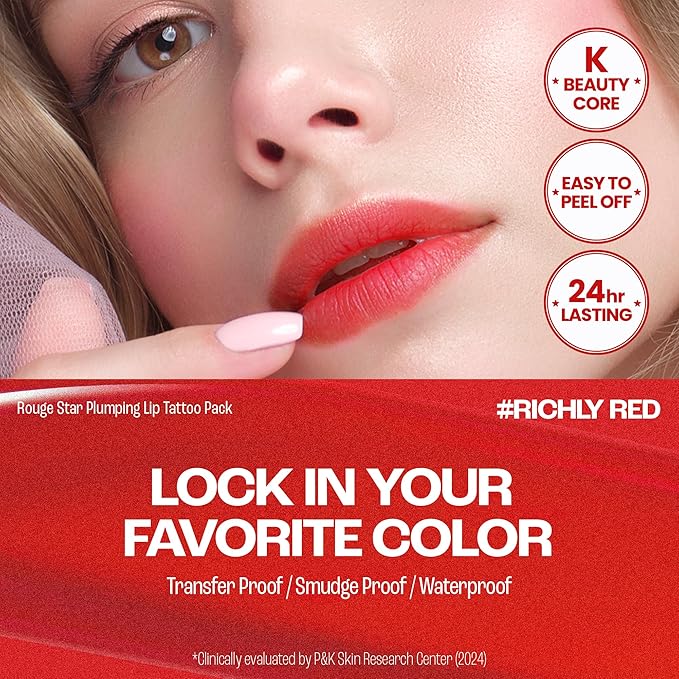 Rouge Star Plumping Lip Tattoo (0.17 oz) - 72-HR Long Lasting Waterproof Peel Off Lip Stain - Transfer-Proof, Non -Sticky Hydrating Matte Lip Tint Tattoo (Richly Red)-VivaGrace Women