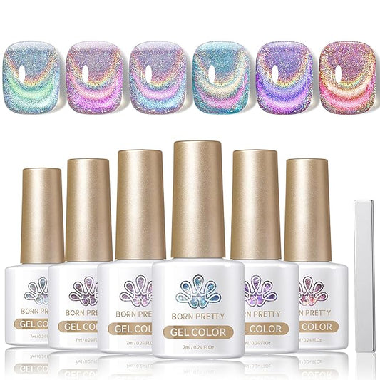 Born Pretty Magnetic Gel Nail Polish Holographic Glass Cat Magnetic Eye Gel Polish Nail Gel Soak Off Nail Art Salon Manicure Collection Gift 6pcs-VivaGrace Women