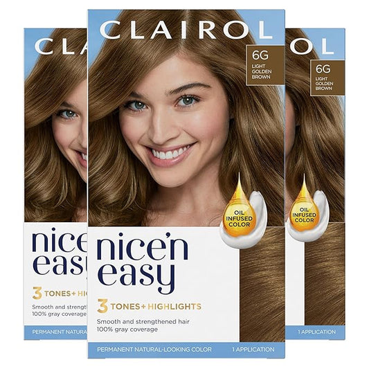 Clairol Nice'n Easy Permanent Hair Dye, 6G Light Golden Brown Hair Color, Pack of 3-VivaGrace Women